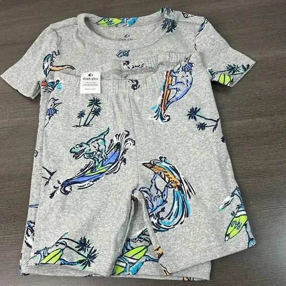 NWOT Fish Stix Surfing Dino pajamas 4T - Picture 4 of 9